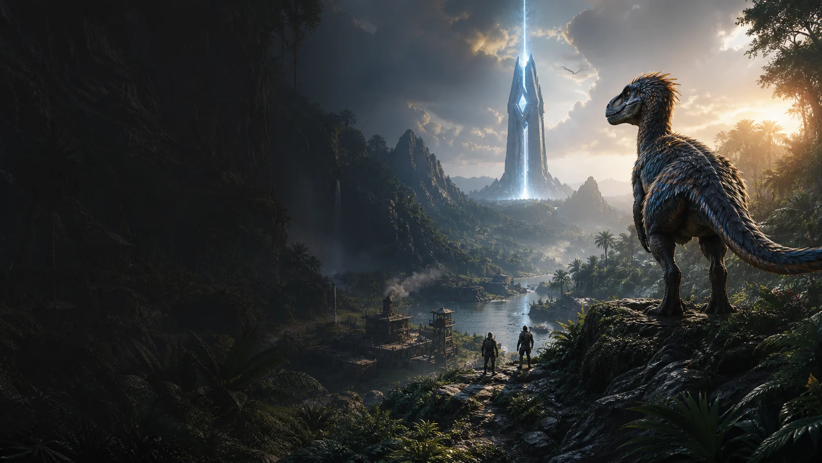 Dinosaur survival world with a futuristic obelisk
